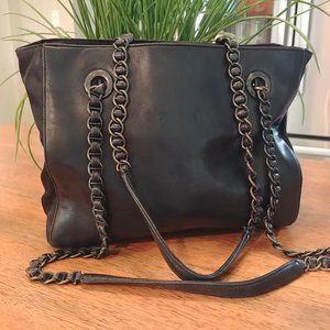 AUTH PRADA black leather & nylon CHAIN shoulder bag tote VINTAGE